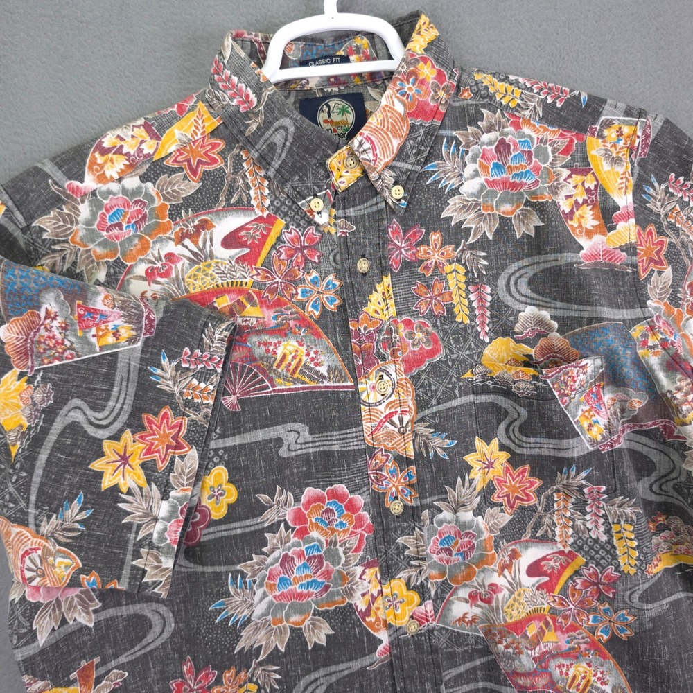 Reyn Spooner Shirt Mens L Floral Japanese Fan Print Black Short Sleeve Cotton